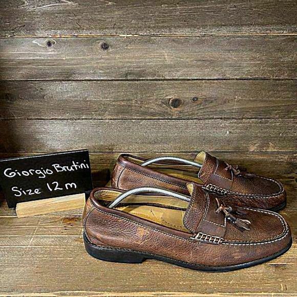 Mens Giorgio Brutini Brown Leather Tasselled Slip-On Loafers Shoes Size 12 M GUC - Picture 1 of 6